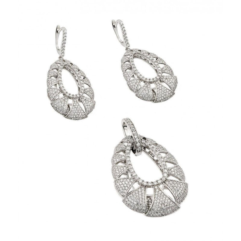 Silver 925 Rhodium Plated Clear Micro Pave Open Puff Teardrop CZ Dangling Stud Earring and Dangling Necklace Set - GMS00013RH | Silver Palace Inc.