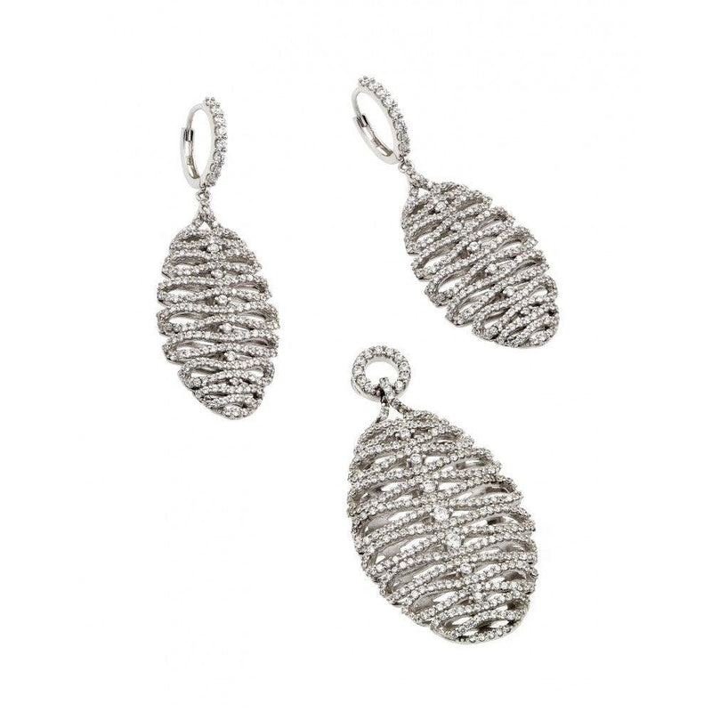 Silver 925 Rhodium Plated Clear Micro Pave Skeletal Oval CZ Dangling Stud Earring and Dangling Necklace Set - GMS00014RH | Silver Palace Inc.