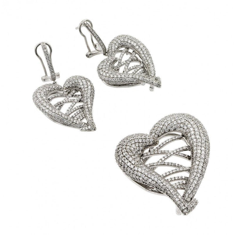 Silver 925 Rhodium Plated Clear Micro Pave Open Heart CZ Dangling Stud Earring and Necklace Set - GMS00015RH | Silver Palace Inc.