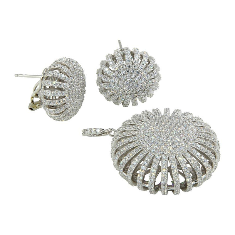 Silver 925 Rhodium Plated Clear Micro Pave Puff Sun CZ Stud Earring and Dangling Necklace Set - GMS00016 | Silver Palace Inc.