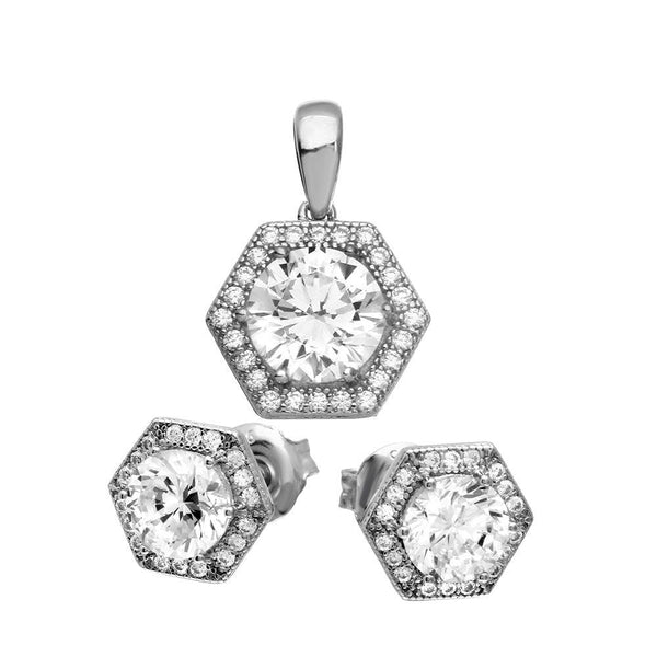 Silver 925 Rhodium Plated 6 Sized Halo Pendant and Earrings Set - GMS00023RH | Silver Palace Inc.