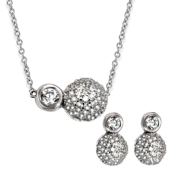 Silver 925 Rhodium Plated Half CZ Sphere and Round CZ Connected Set - GMS00024RH | Silver Palace Inc.