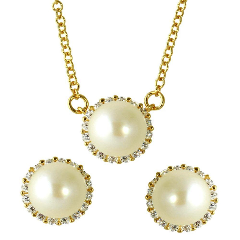 Silver 925 Gold Plated Fresh Water Pearl Pave Matching Set - GMS00026GP | Silver Palace Inc.
