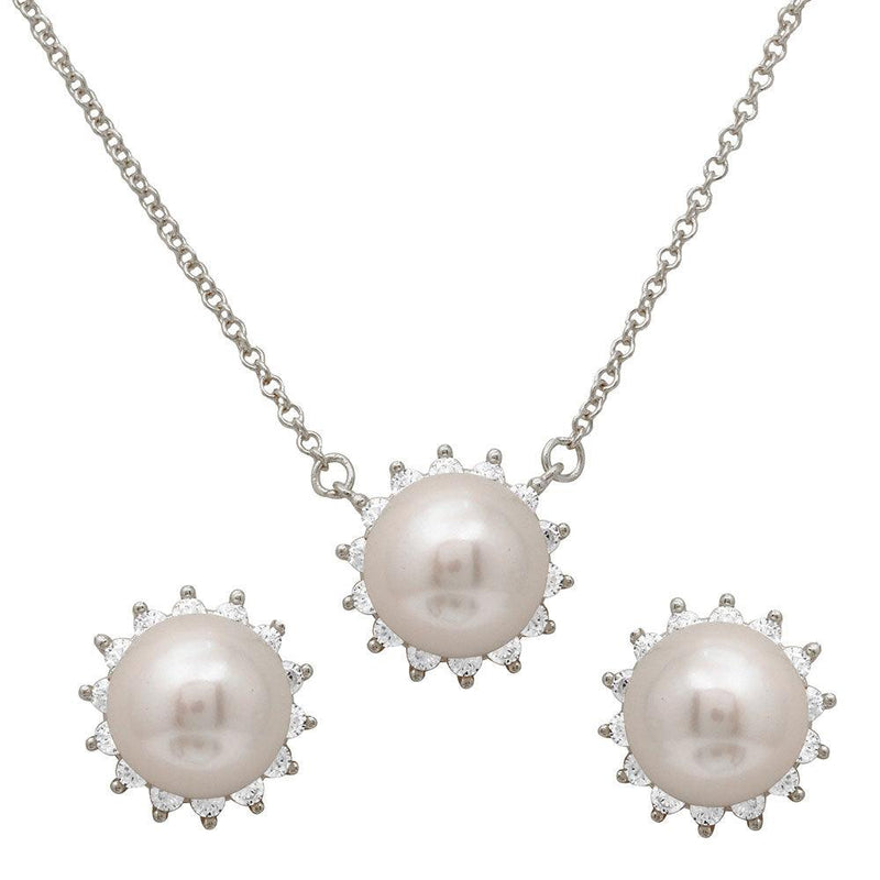 Silver 925 Rhodium Plated CZ Halo Fresh Water Center Pearl Set - GMS00027 | Silver Palace Inc.