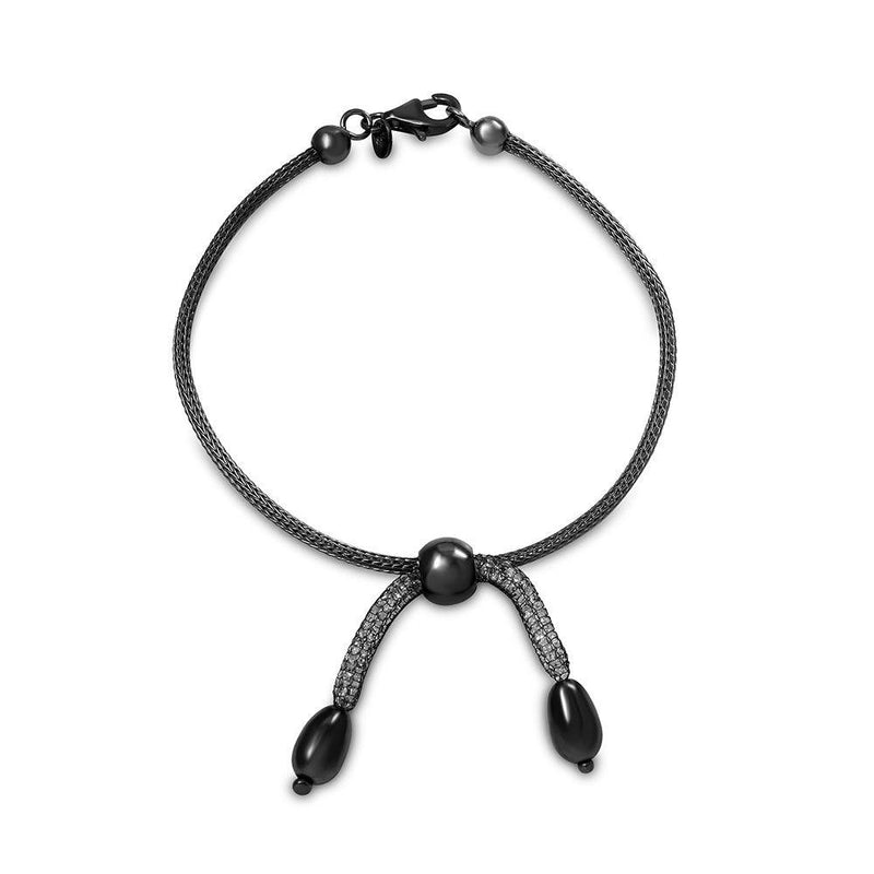 Closeout-Silver 925 Black Rhodium Plated Italian Three Middle Beads Bracelet - ITB00073BLK | Silver Palace Inc.