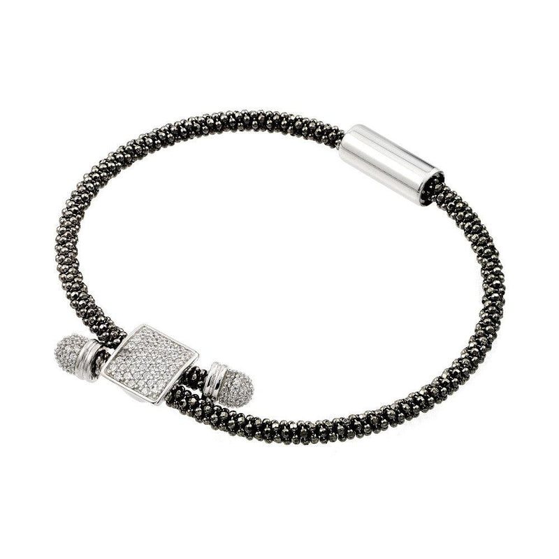 Closeout-Silver 925 Rhodium and Black Rhodium Plated Square Micro Pave Clear CZ Beaded Italian Bracelet - ITB00169BLK | Silver Palace Inc.
