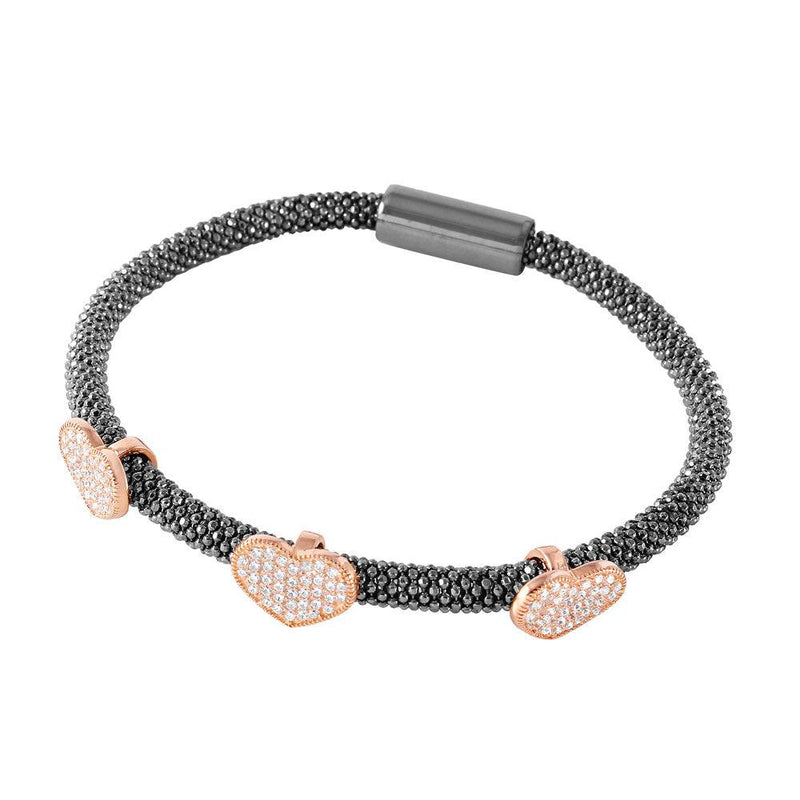Silver 925 Rhodium and Black Rhodium Plated Heart Micro Pave Clear CZ Beaded Italian Bracelet - ITB00173BLK-RGP | Silver Palace Inc.