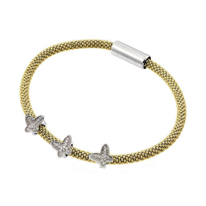 Closeout-Silver 925 Rhodium and Gold Plated Butterfly Micro Pave Clear CZ Beaded Italian Bracelet - ITB00176GP | Silver Palace Inc.