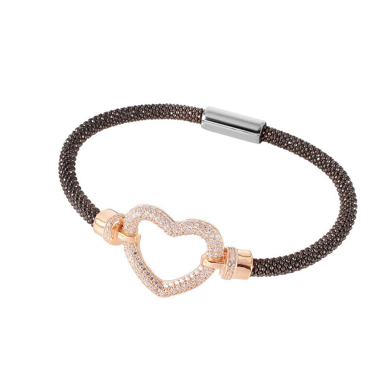 Closeout-Silver 925 Black Rhodium and Rose Gold Plated Open Heart  Bracelet - ITB00181RGP-RH | Silver Palace Inc.