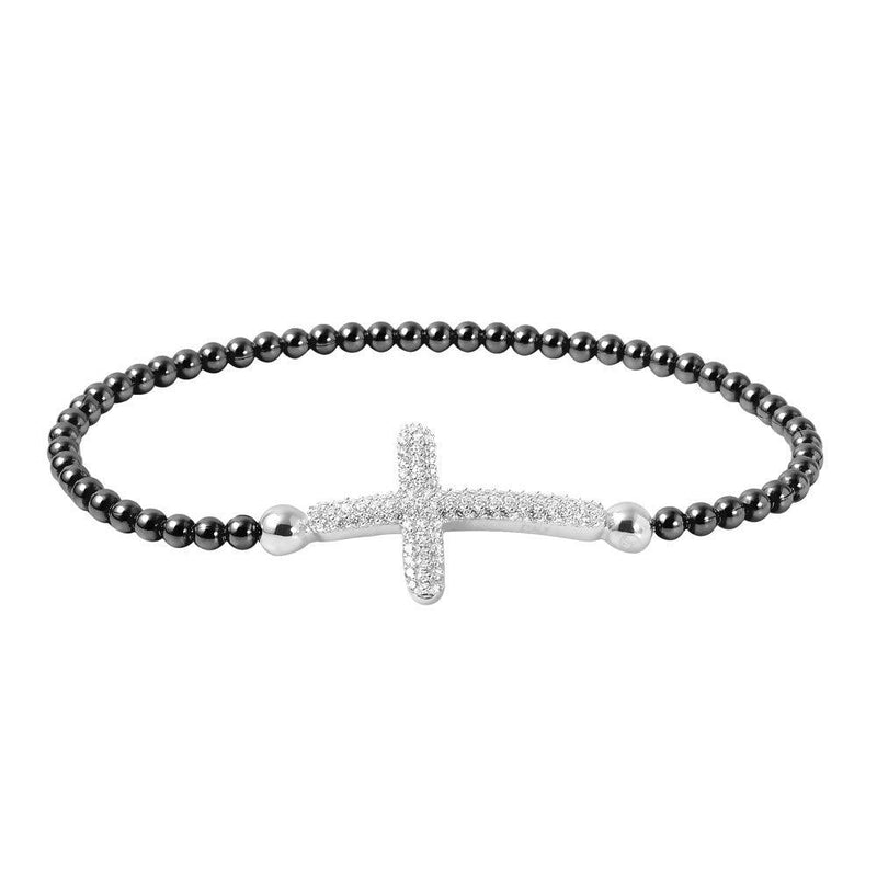 Closeout-Silver 925 Black Rhodium Plated Beaded Italian Bracelet with CZ Encrusted Cross - ITB00195BLK-RH | Silver Palace Inc.