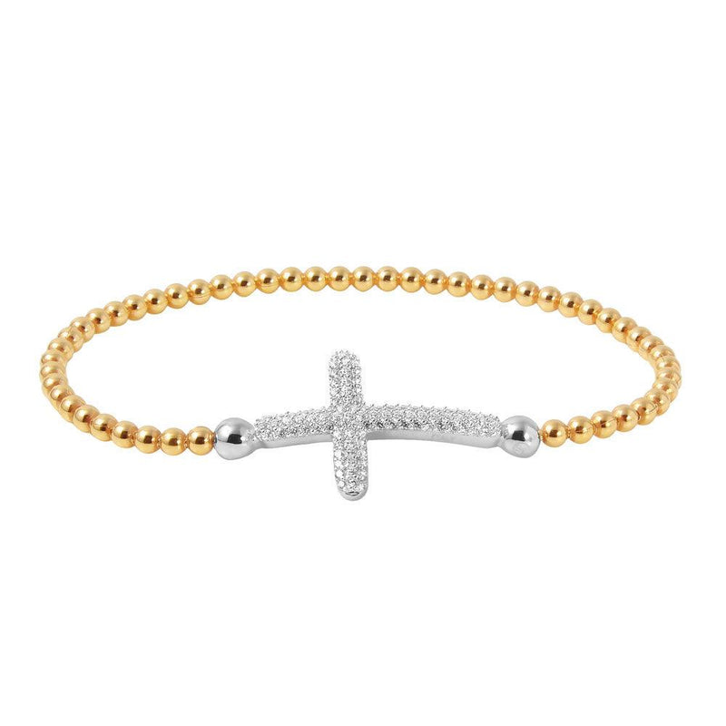 Closeout-Silver 925 Gold Plated Beaded Italian Bracelet with CZ Encrusted Cross - ITB00195GP-RH | Silver Palace Inc.