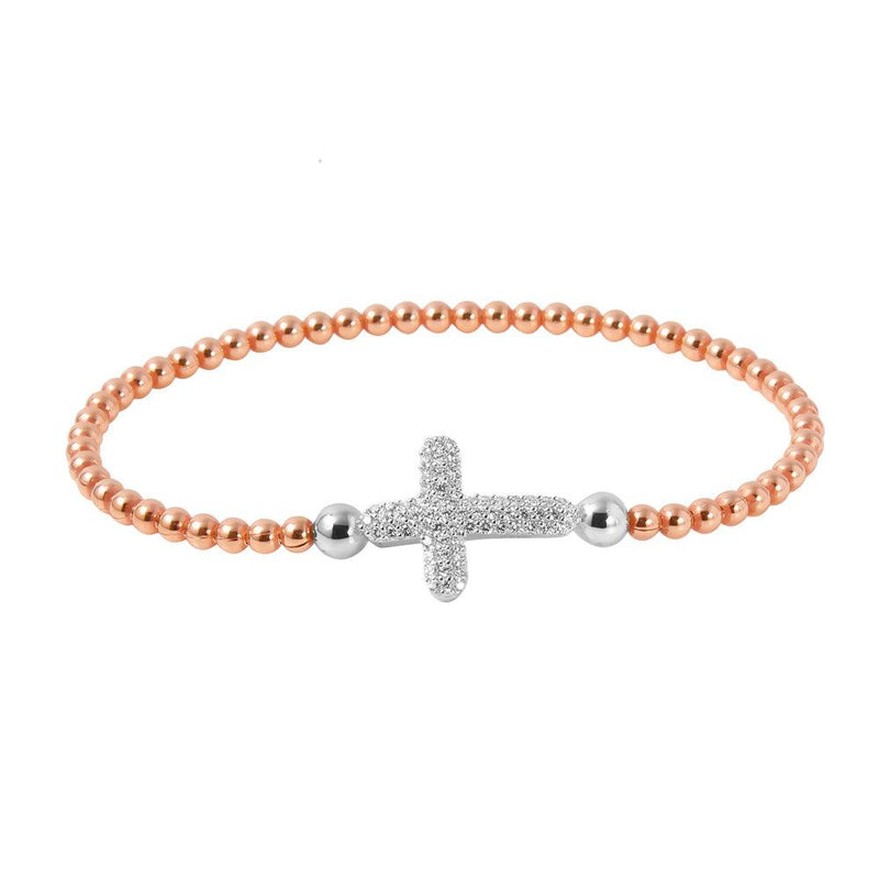 Closeout-Silver 925 Rose Gold Plated Beaded Italian Bracelet With CZ Encrusted Cross - ITB00196RGP-RH | Silver Palace Inc.