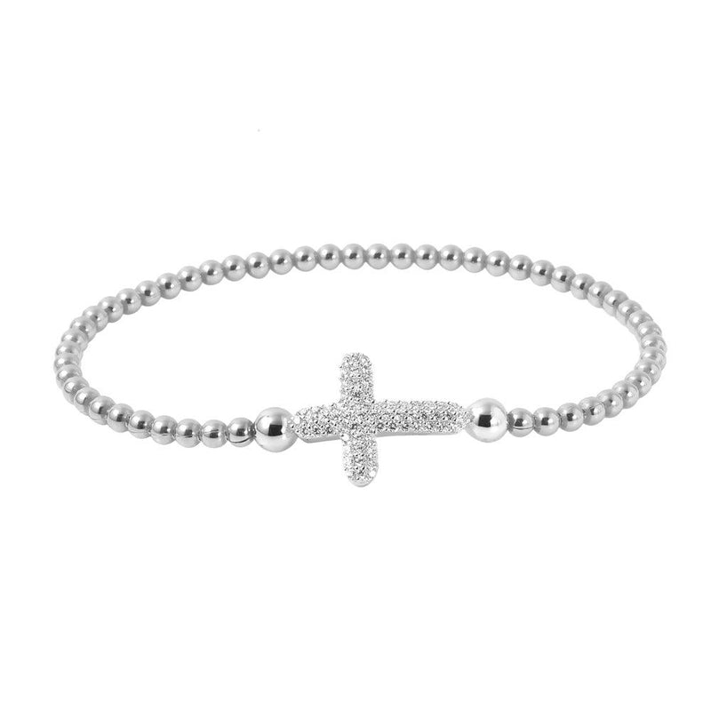Closeout-Silver 925 Rhodium Plated Beaded Italian Bracelet with CZ Encrusted Cross - ITB00196RH | Silver Palace Inc.