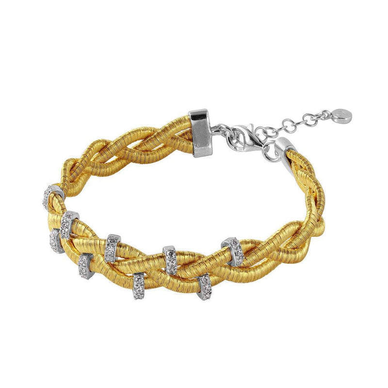 Silver 925 Gold Plated Braided Italian Bracelet with Small CZ Bar Accents - ITB00208GP-RH | Silver Palace Inc.
