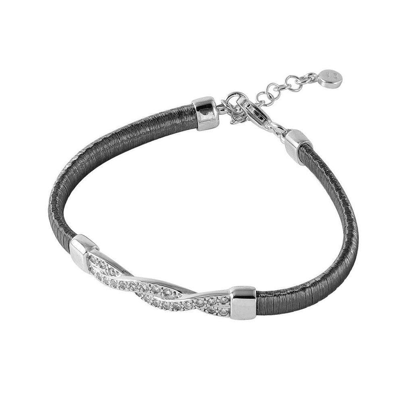Closeout-Silver 925 Black Rhodium Plated Italian Bracelet with Twisted CZ Inlay Accent - ITB00211BLK-RH | Silver Palace Inc.
