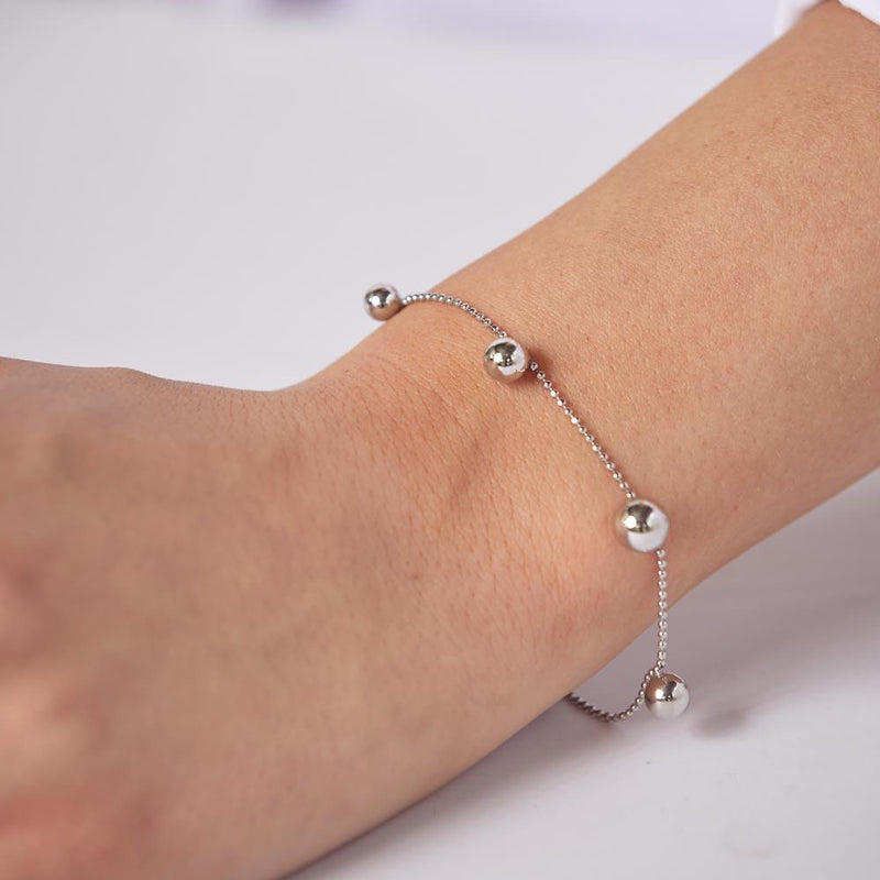 Silver 925 Rhodium Plated 5 Bead Charm Bead Link Chain Bracelet - ITB00315-RH