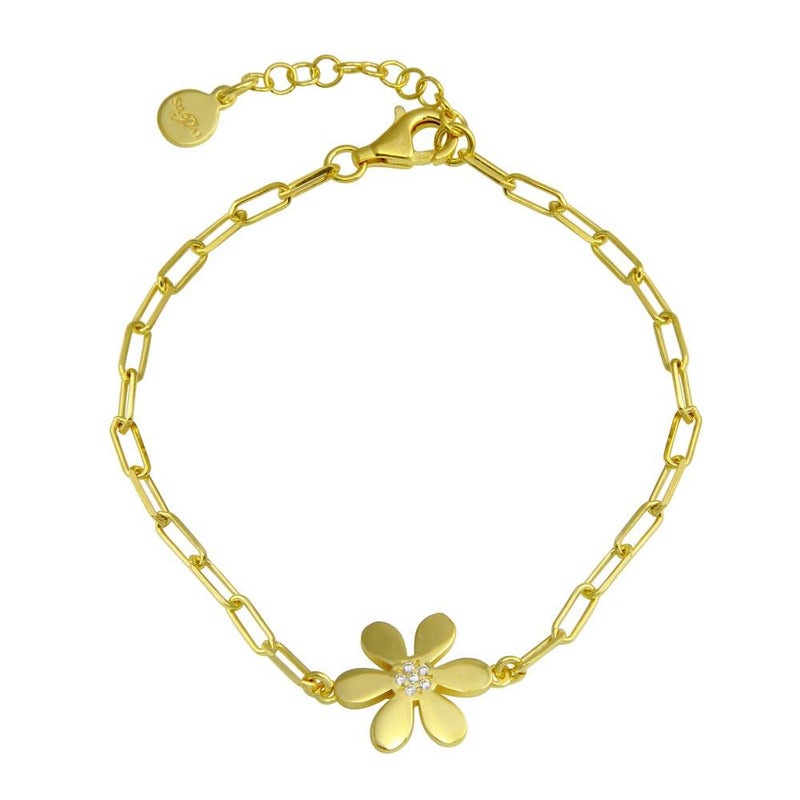 Silver 925 Gold Plated Paperclip Flower CZ Chain Bracelet - ITB00325-GP | Silver Palace Inc.