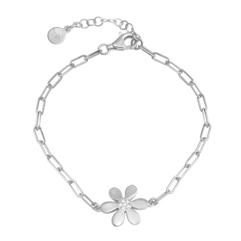 Rhodium Plated 925 Sterling Silver Paperclip Flower CZ Chain Bracelet - ITB00325-RH | Silver Palace Inc.