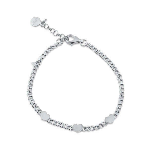 Rhodium Plated 925 Sterling Silver 3 Hearts Charm Adjustable Curb Chain Bracelet - ITB00326-RH | Silver Palace Inc.