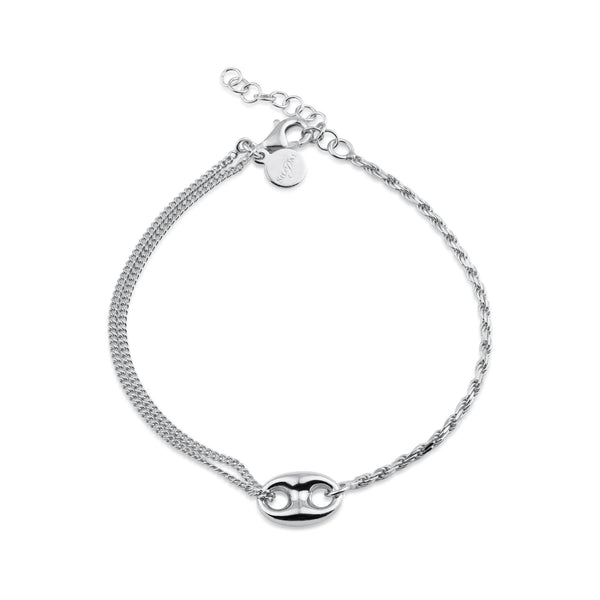 Rhodium Plated 925 Sterling Silver Puffed Mariner Charm Double Strand Curb and Rope Adjustable Bracelet - ITB00330-RH | Silver Palace Inc.