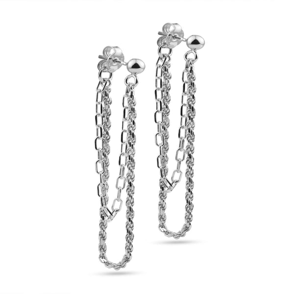 Rhodium Plated 925 Sterling Silver Double Strand Rope and Paperclip Stud Earrings - ITE00092-RH | Silver Palace Inc.