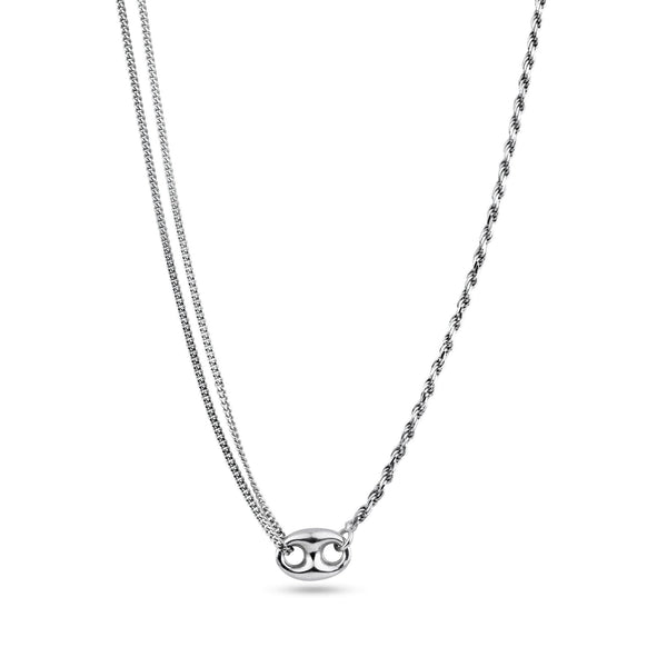 Rhodium Plated 925 Sterling Silver Puffed Mariner Double Strand Curb and Rope Adjustable Link Necklace - ITN00159-RH | Silver Palace Inc.