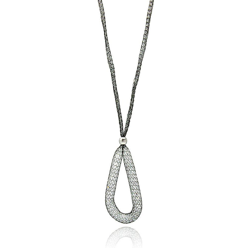 Closeout-Silver 925 Black Rhodium Plated Mesh Necklace and Dropped Mesh Teardrop with Filled CZ - ITN00077BLK | Silver Palace Inc.