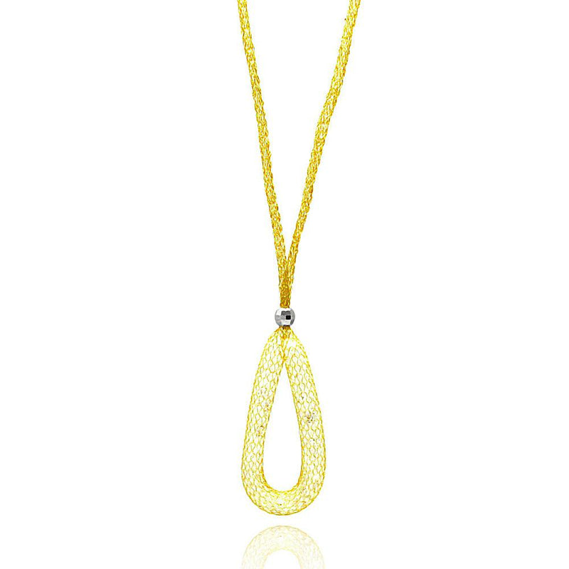 Closeout-Silver 925 Gold Plated Mesh Necklace and Dropped Mesh Teardrop with Filled CZ - ITN00077GP | Silver Palace Inc.