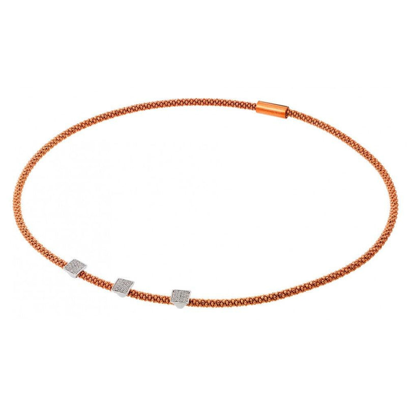 Closeout-Silver 925 Rose Gold Plated Three Small Square Micro Pave CZ Necklace - ITN00096RGP | Silver Palace Inc.