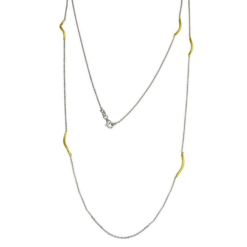 Closeout-Silver 925 Gold Plated Curved Bar Long Necklace - ITN00103RH-GP | Silver Palace Inc.