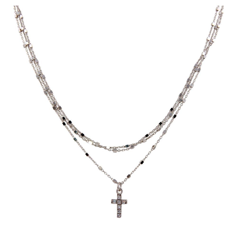 Silver 925 Rhodium Plated Triple Chain Cross Necklace with Beads and CZ