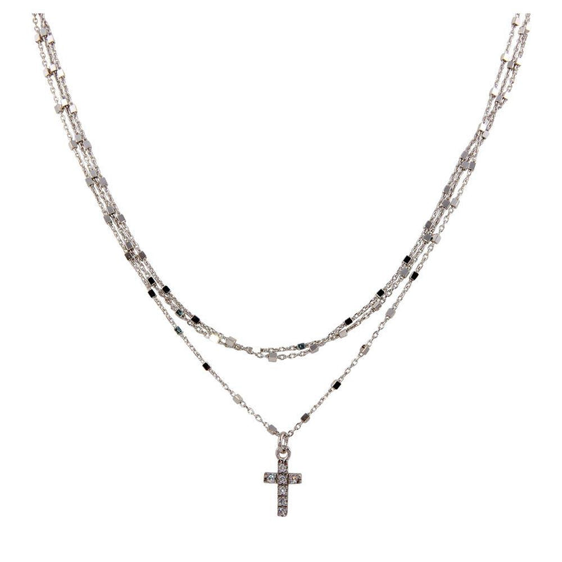 Silver 925 Rhodium Plated Triple Chain Cross Necklace with Beads and CZ - ITN00122RH | Silver Palace Inc.