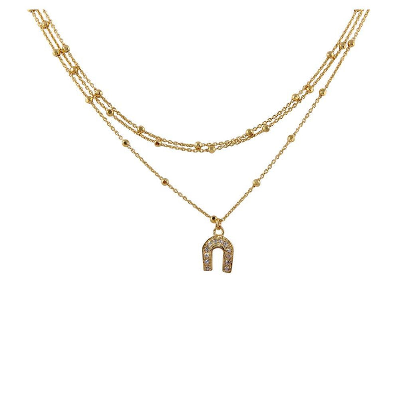 Silver 925 Gold Plated Multi Chain DC Beaded Horse Shoe Charm Choker Necklace - ITN00126GP | Silver Palace Inc.