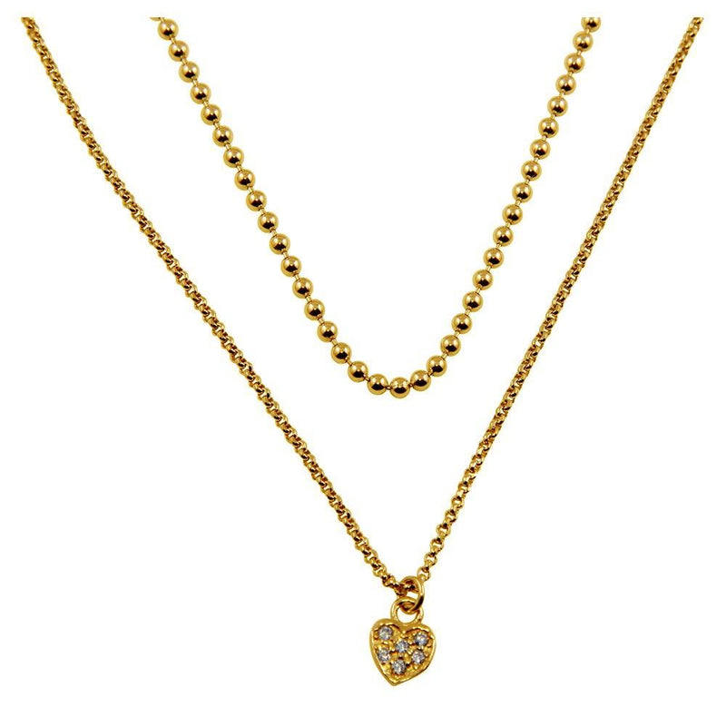 Silver 925 Gold Plated Double Chain and Drop Heart Necklace - ITN00127GP | Silver Palace Inc.