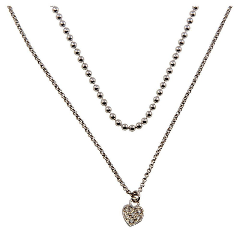 Silver 925 Rhodium Plated Double Chain and Drop Heart Necklace - ITN00127RH | Silver Palace Inc.