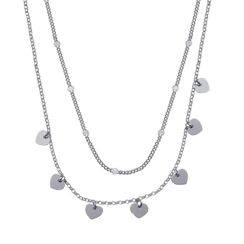 Rhodium Plated 925 Sterling Silver Multi Chain Dangling Heart Charm Necklace  - ITN00143-RH | Silver Palace Inc.