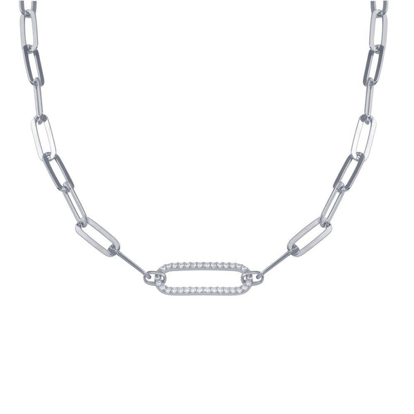 Rhodium Plated 925 Sterling Silver Paperclip Chain CZ Necklace - ITN00149-RH | Silver Palace Inc.