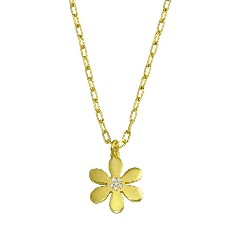 Silver 925 Gold Plated Paperclip Chain Flower CZ Necklace - ITN00154-GP | Silver Palace Inc.