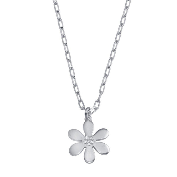 Rhodium Plated 925 Sterling Silver Paperclip Chain Flower CZ Necklace - ITN00154-RH | Silver Palace Inc.