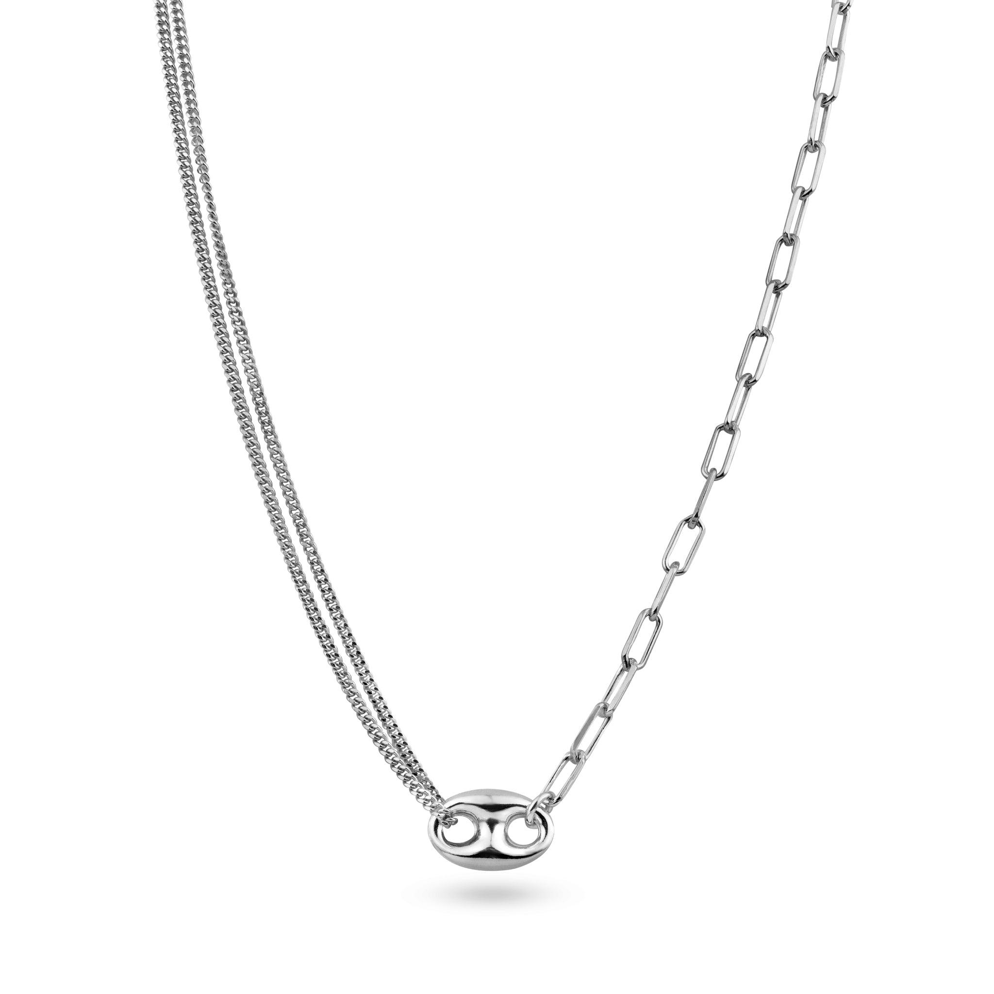 Rhodium Plated 925 Sterling Silver Puffed Mariner Double Strand Curb and Single Paperclip Adjustable Link Necklace - ITN00157-RH | Silver Palace Inc.