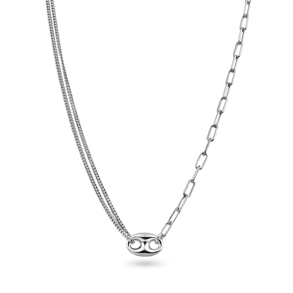 Silver 925 Rhodium Plated Puffed Mariner Double Strand Curb and Single Paperclip Adjustable Link Necklace - ITN00157-RH | Silver Palace Inc.