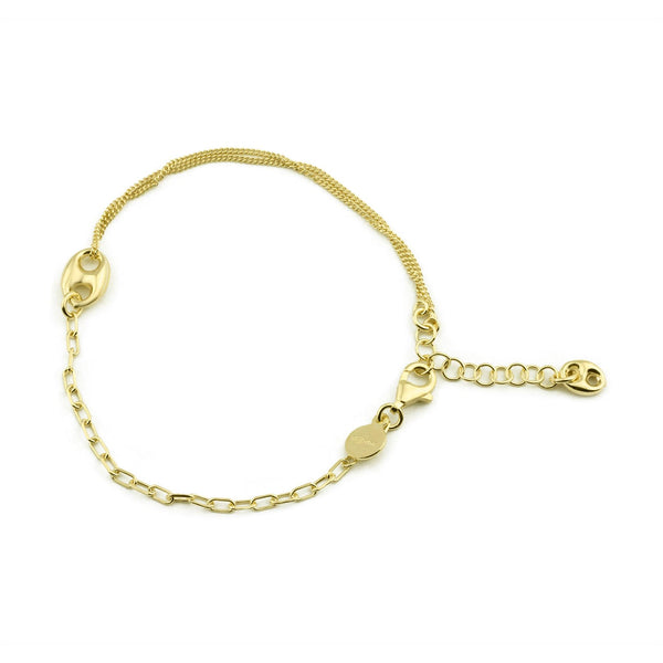 Silver 925 Gold Plated Puffed Mariner Charm Double Strand Curb and Paperclip Adjustable Bracelet - ITB00329-GP | Silver Palace Inc.