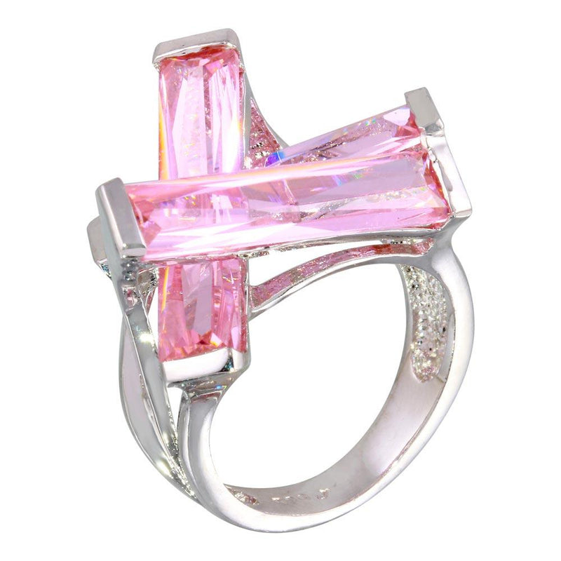 Closeout-Silver 925 Rhodium Plated 3 Pink Baguette CZ Ring - JSR00002PNK | Silver Palace Inc.