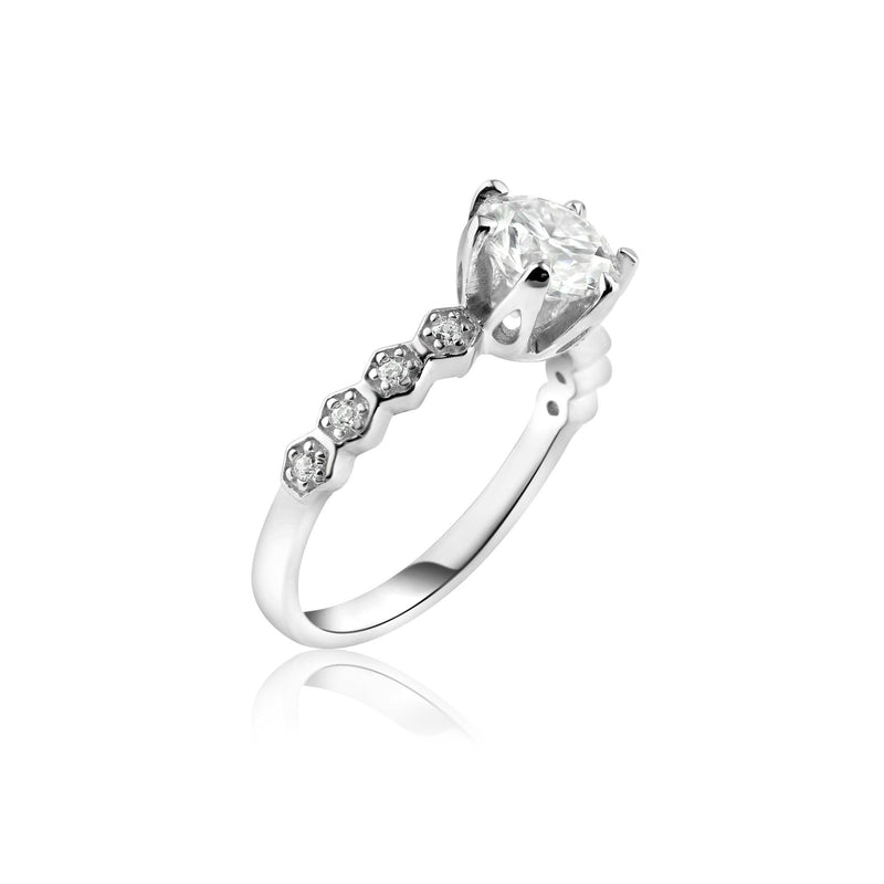 Rhodium Plated 925 Sterling Silver 1 Carat Round Moissanite and Clear CZ Ring - MBGR00005