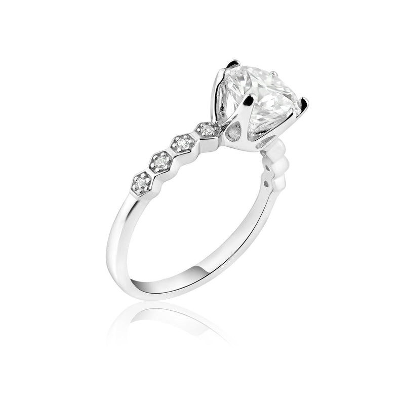 Rhodium Plated 925 Sterling Silver 2 Carat Round Moissanite and Clear CZ Ring - MBGR00006