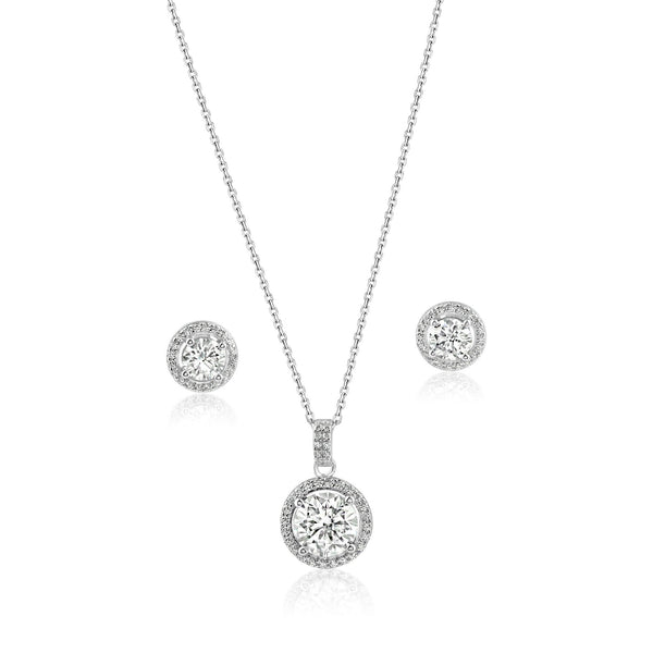 Rhodium Plated 925 Sterling Silver Round Moissanite 0.5 Carat Earring and 2 Carat Necklace Sets - MBGS00001 | Silver Palace Inc.