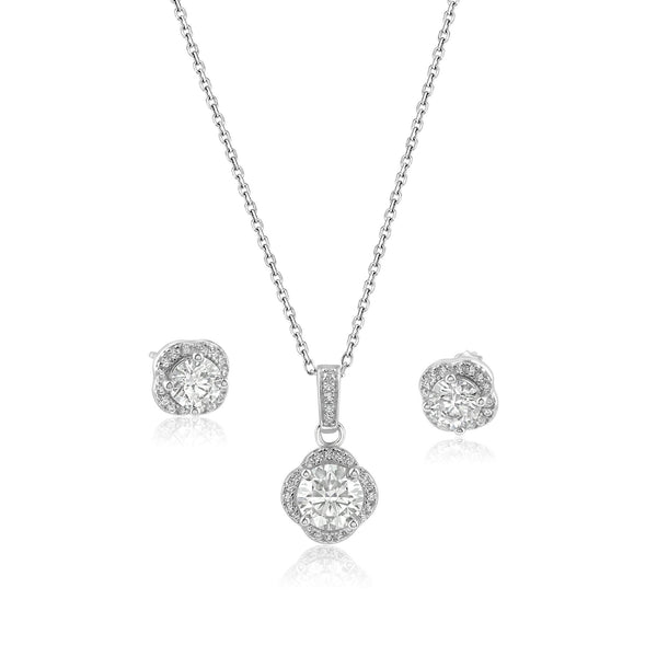 Rhodium Plated 925 Sterling Silver Round Moissanite 0.5 Carat Earring and 1 Carat Necklace Sets - MBGS00002 | Silver Palace Inc.