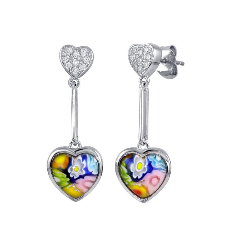 Sterling Silver 925 Rhodium Plated CZ Heart Dangling Murano Glass Heart Earring - ME00002 | Silver Palace Inc.