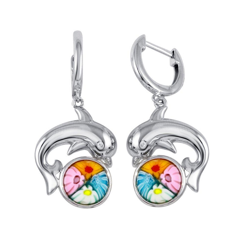 Sterling Silver 925 Rhodium Plated Murano Glass Dolphin CZ Earring - ME00005 | Silver Palace Inc.