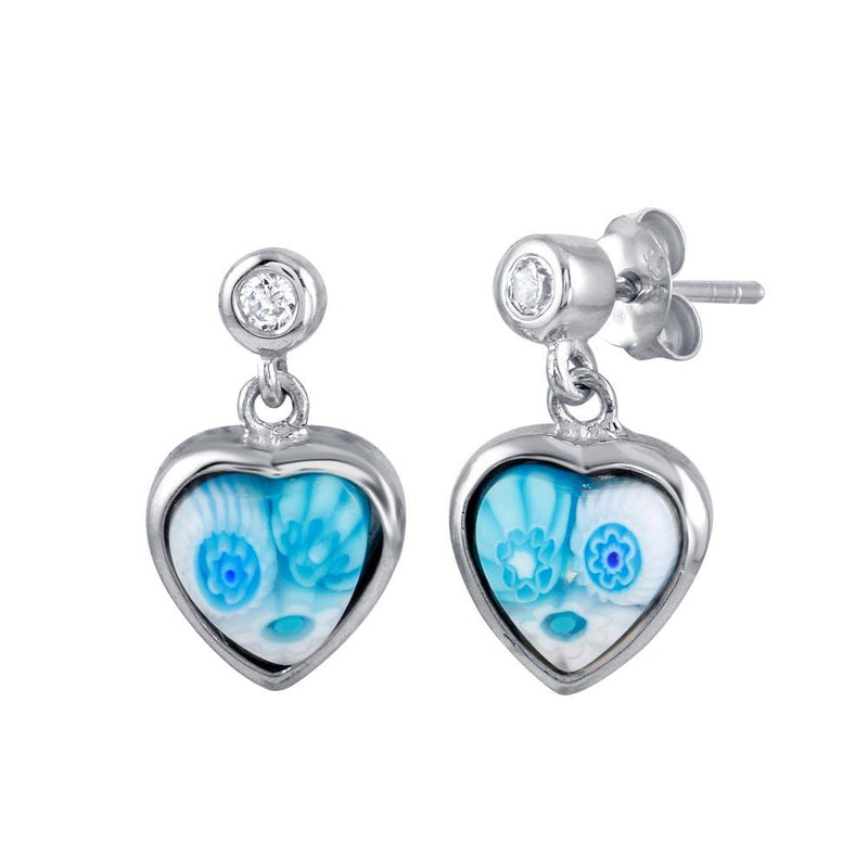 Sterling Silver 925 Rhodium Plated Light Blue Murano Glass CZ Heart Earring - ME00008-LBLU | Silver Palace Inc.